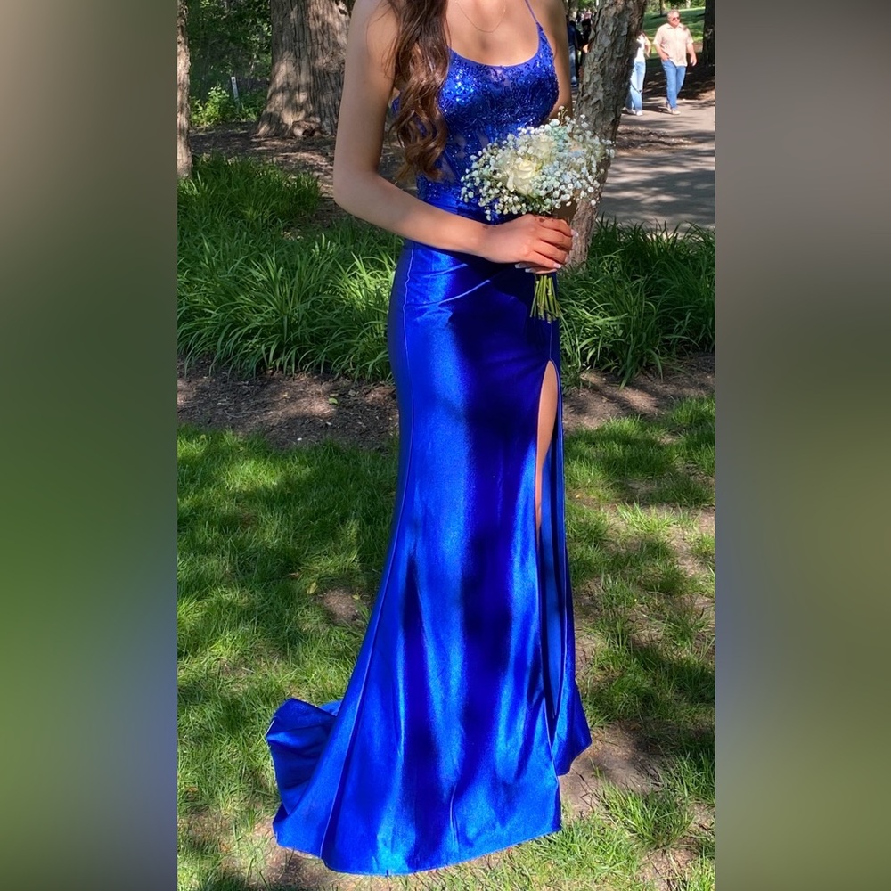 Elegant Satin Royal Blue Prom Dress with Slit, Lace Bodice & Spaghetti Straps